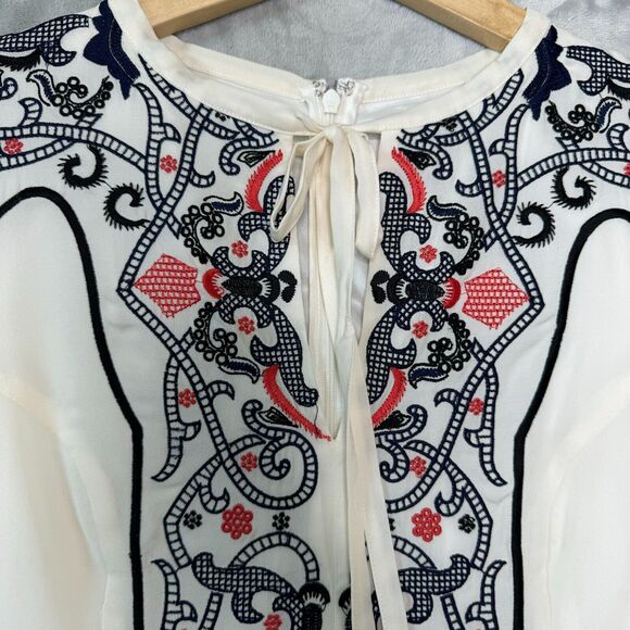Parker Mini Dress Womens Small Ivory Silk Embroidered Boho Bell Sleeve Keyhole - Picture 4 of 14
